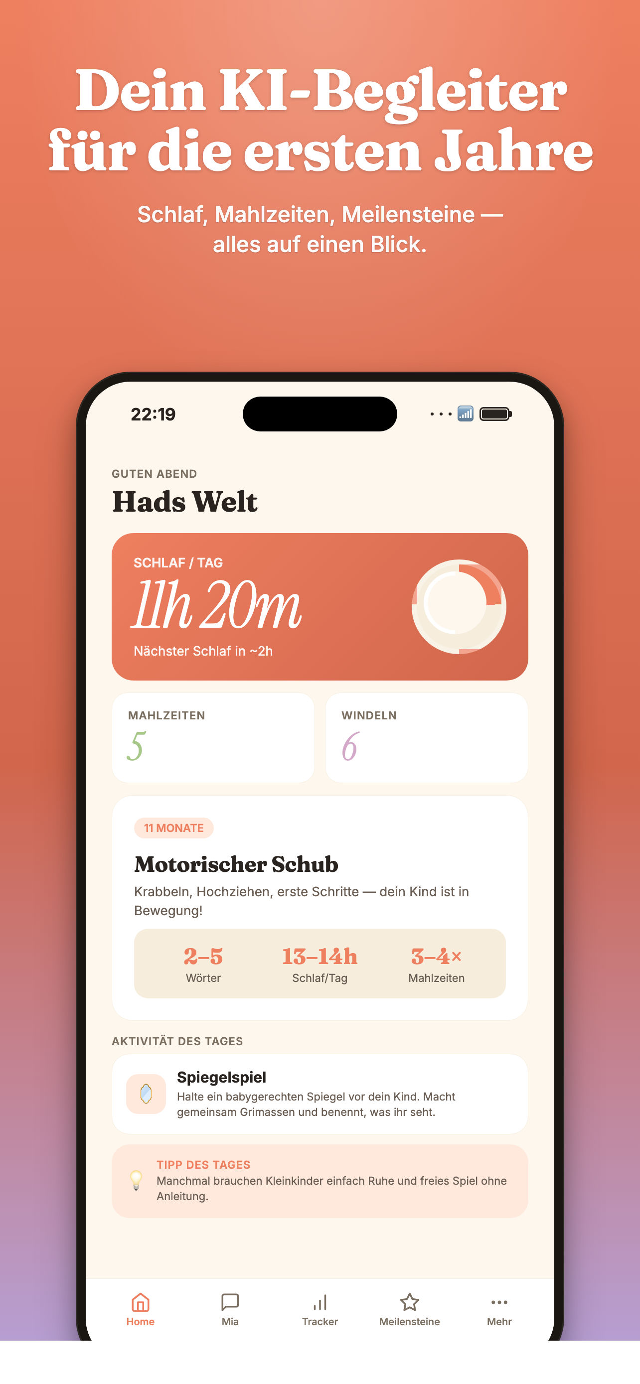TinyMinds Zuhause-Bildschirm — KI-Begleiter für die ersten Jahre