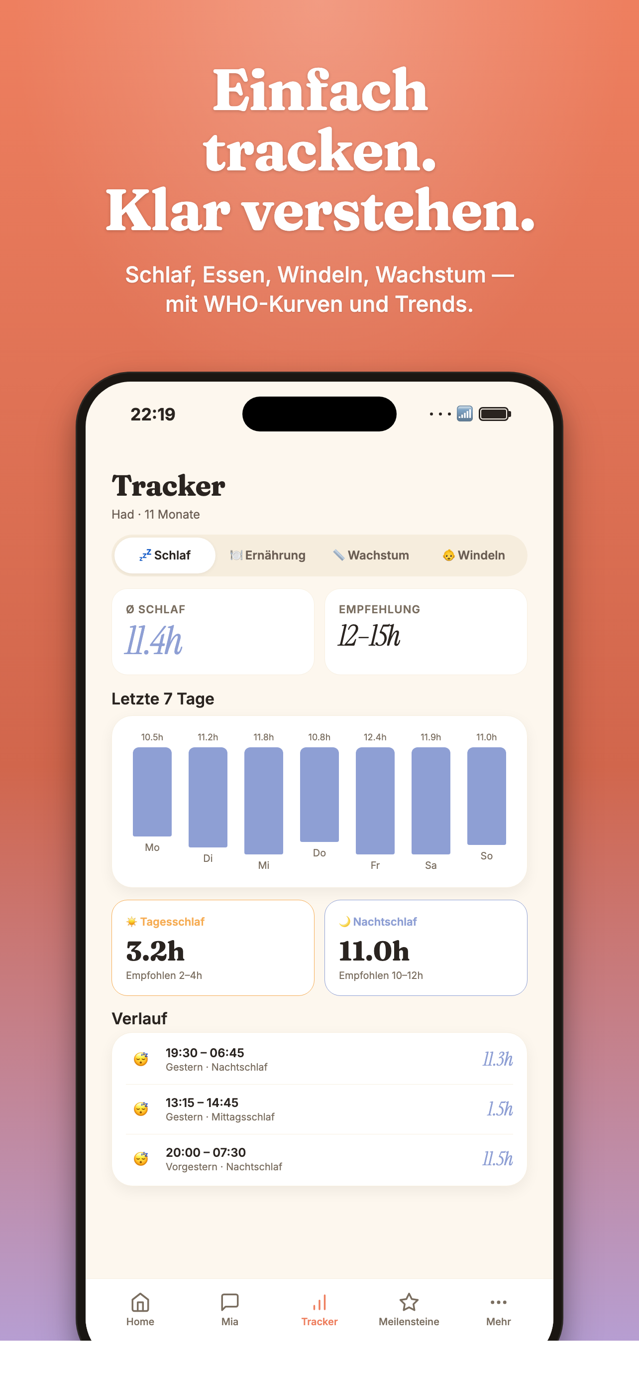 Tracker — Schlaf, Essen, Windeln, Wachstum
